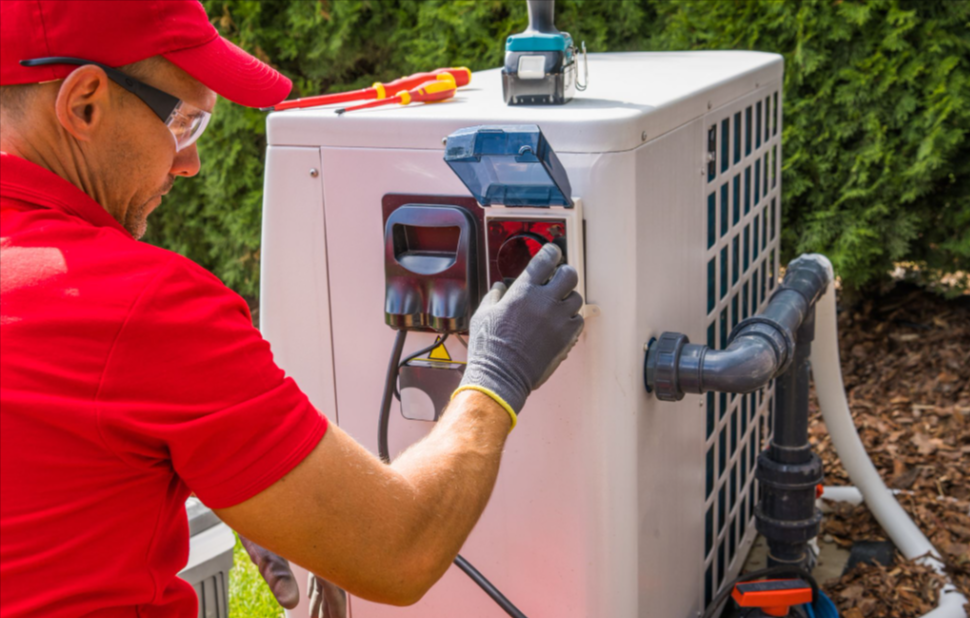 Close-up of a technician inspecting and servicing a heat pump unit
